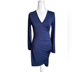 Ouges Navy Blue V-neck Ruched Long Sleeve Bodycon Dress Size Small